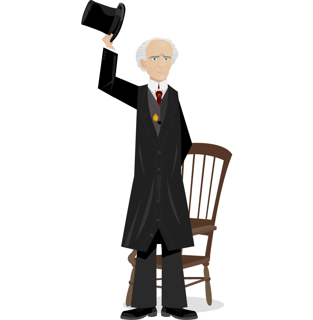 Dessin de Wilfrid Laurier debout nous saluant en levant son chapeau haute-forme. Il est habillé de son habit noir et gris, d’une cravate rouge ornée d’un fer à cheval doré, et de sa montre de poche en or. On peut voir derrière lui une chaise.