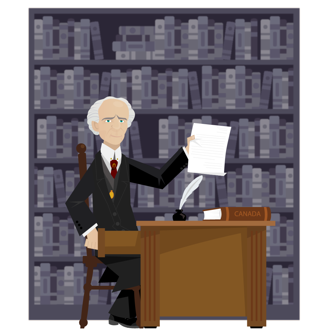 Dessin de Wilfrid Laurier assit à son bureau de travail nous montrant un discours. Il est habillé de son habit noir et gris, d’une cravate rouge ornée d’un fer à cheval doré, et de sa montre de poche en or. On voit sur son bureau un livre marqué Canada, et une plume dans un encrier. À l’arrière-plan il y a une grande bibliothèque.